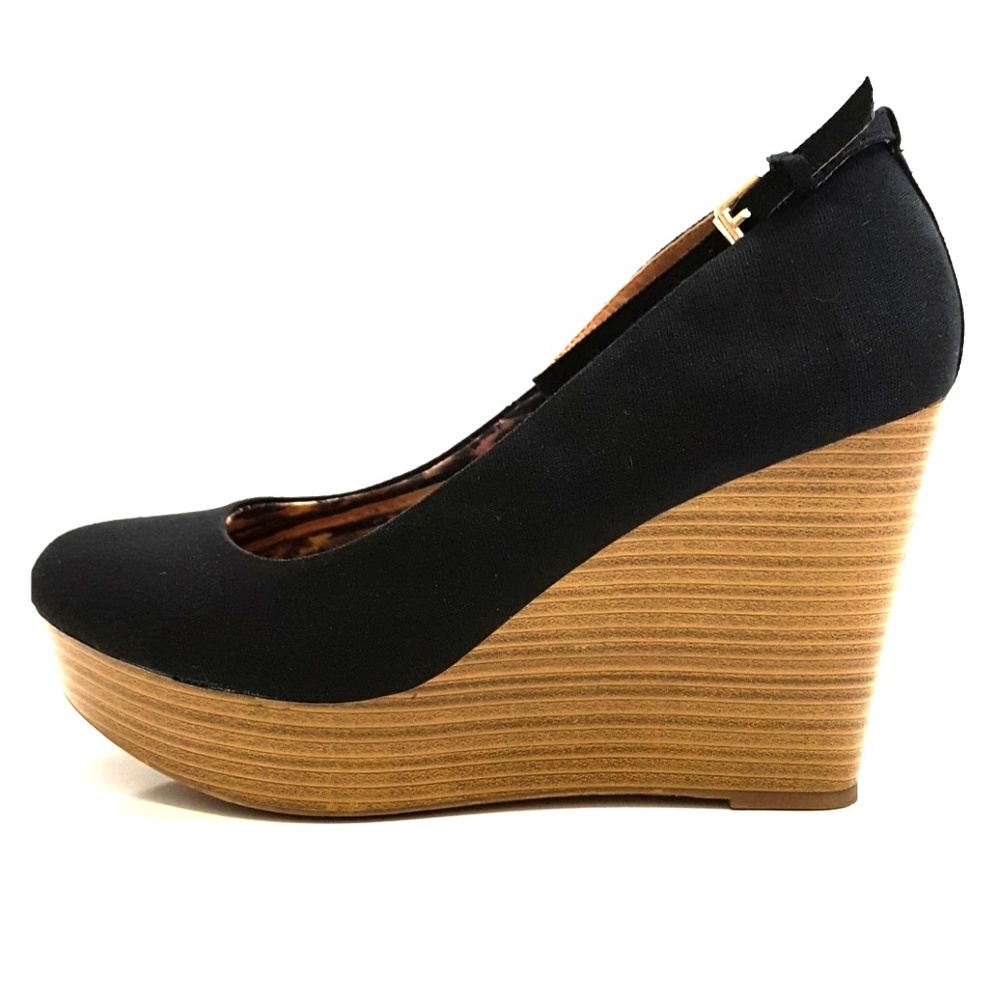 Black Lucy Round Toe Platform Ankle Strap Wedge